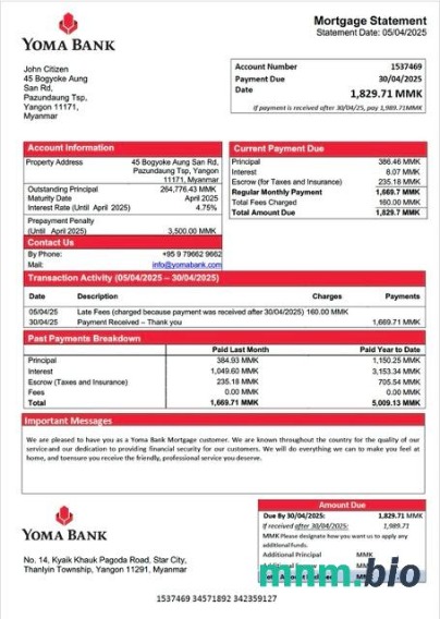 Myanmar Yoma Bank wyciąg z kredytu hipotecznego szablon Word i PDF